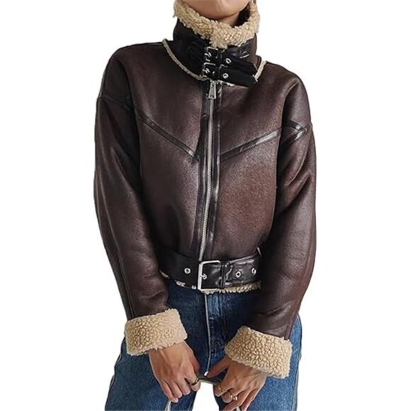 Winter Women’s Faux Lamb Sherpa Aviator Bomber Jacket – Vintage Cropped Coat - Picture 7 of 7